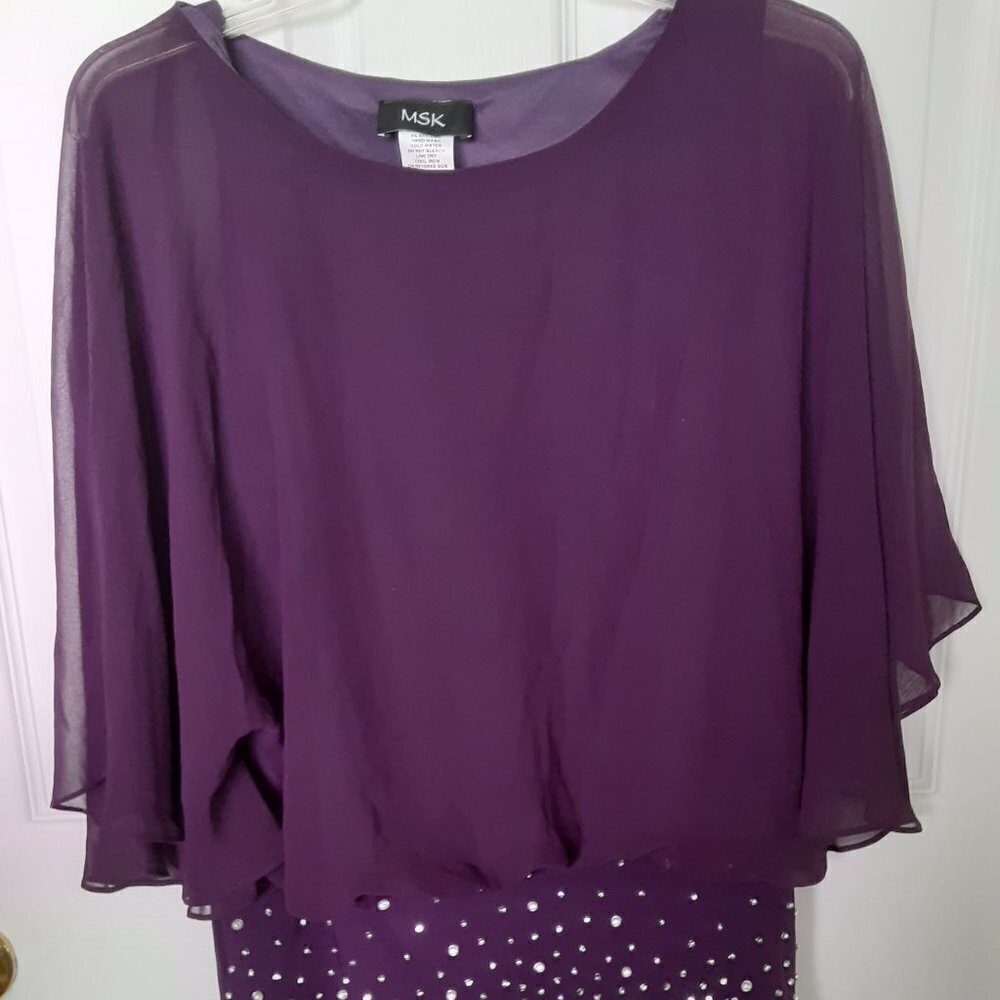 MSK Small Wine Colored Blousy Blouse w/Cape Sleeves & Fitted Beaded Bottom